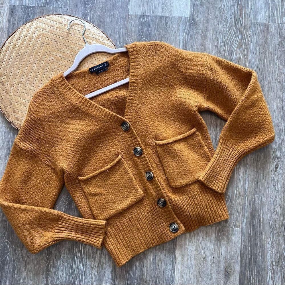 Zara Mustard Gold Button Front Pocket Cardigan Sweater